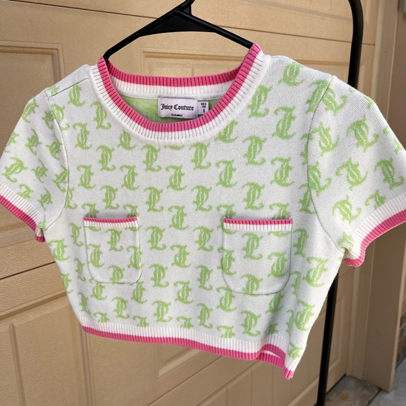 Juicy Couture Tops - Juicy Couture Women’s Medium White Tee with Green Logo and Pink Trim
